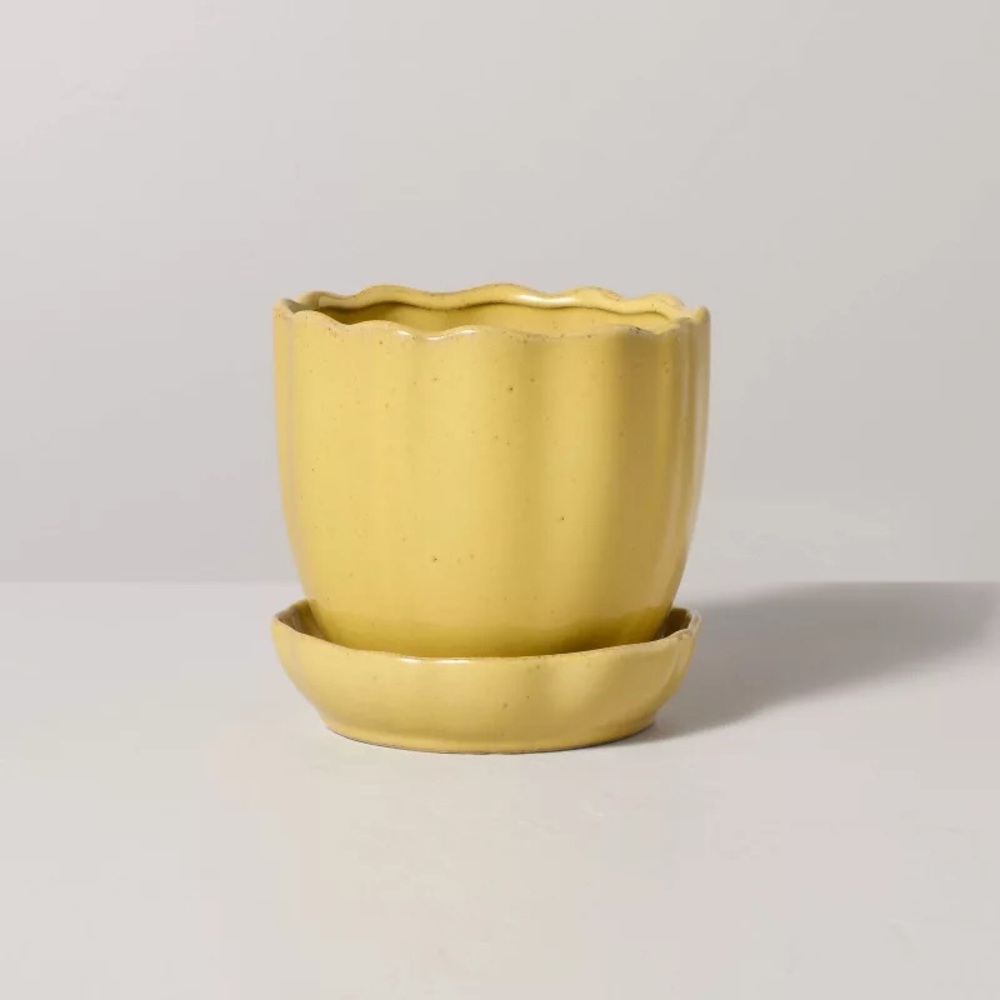 4.5” Scalloped Edge Stoneware Planter Pot with Saucer Tan Hearth & Hand Magnolia